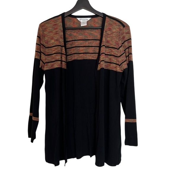 Misook Stripe Knit Longline Open Front Cardigan Black Multi Large Petite Classic - Picture 1 of 4